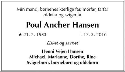 Dødsannoncen for Poul Ancher Hansen - Gentofte