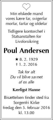 Dødsannoncen for Poul Andersen - Lyngby