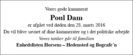 Dødsannoncen for Poul Dam - Horsens