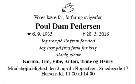 Dødsannoncen for Poul Dam Pedersen  - Horsens