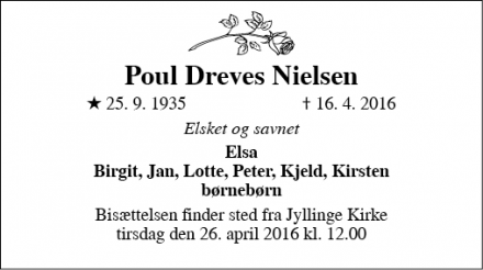 Dødsannoncen for Poul Dreves Nielsen - Jyllinge
