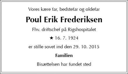 Dødsannoncen for Poul Erik Frederiksen - København