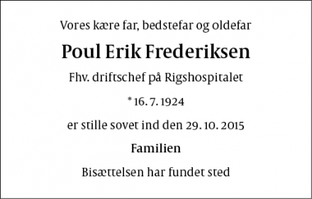 Dødsannoncen for Poul Erik Frederiksen - København