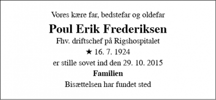 Dødsannoncen for Poul Erik Frederiksen - København