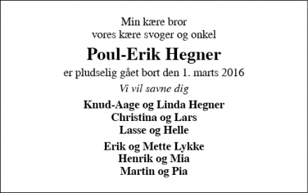 Dødsannoncen for Poul-Erik Hegner - Varde