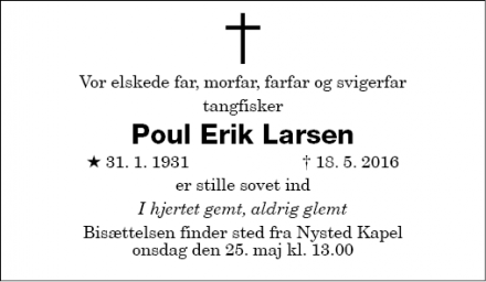 Dødsannoncen for Poul Erik Larsen - Nysted
