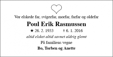 Dødsannoncen for Poul Erik Rasmussen - Ringsted