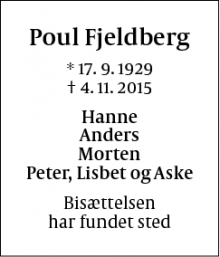 Dødsannoncen for Poul Fjeldberg - Snekkersten