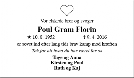 Dødsannoncen for Poul Gram Florin - Borris