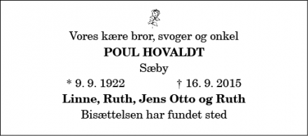 Dødsannoncen for Poul Hovaldt - Sæby
