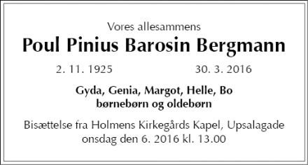 Dødsannoncen for Poul Pinius Barosin Bergmann - København Ø