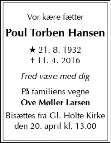 Dødsannoncen for Poul Torben Hansen - 5850 Nærum
