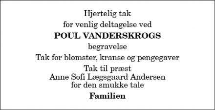 Dødsannoncen for Poul Vanderskrog - Hellum  9740 Jerslev 