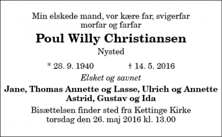 Dødsannoncen for Poul Willy Christiansen - Nysted