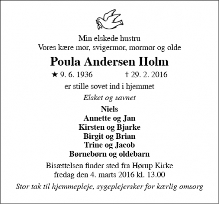 Dødsannoncen for Poula Andersen Holm - Kjellerup