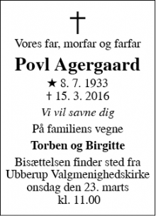 Dødsannoncen for Povl Agergaard - Ebeltoft