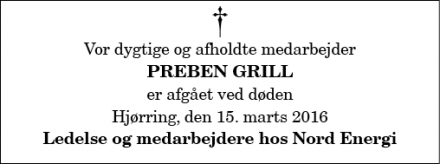 Dødsannoncen for Preben Grill  - Hjørring