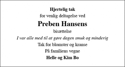 Dødsannoncen for Preben Hansen - Ringsted