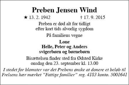 Dødsannoncen for Preben Jensen Wind - Ødsted