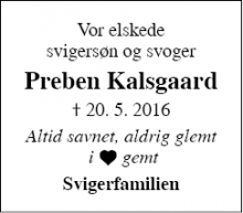 Dødsannoncen for Preben Kalsgaard - Holstebro 