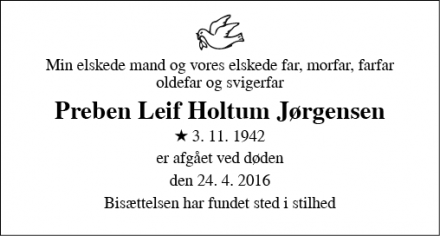 Dødsannoncen for Preben Leif Holtum Jørgensen - helsinge