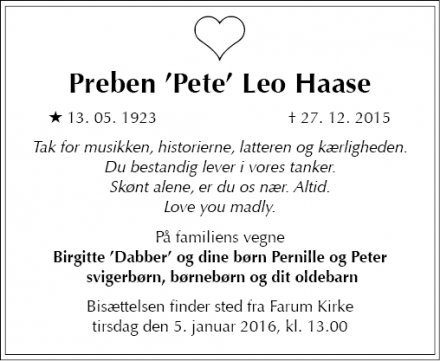 Dødsannoncen for Preben ’Pete’ Leo Haase - Kastrup
