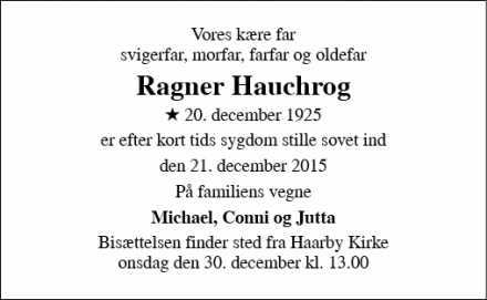 Dødsannoncen for Ragner Hauchrog - Haarby