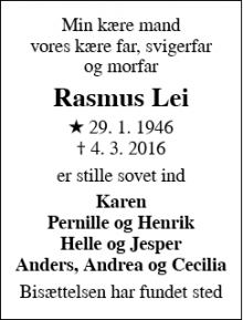 Dødsannoncen for Rasmus Lei - Klarup