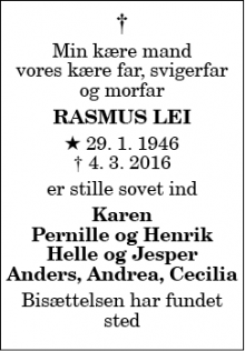 Dødsannoncen for Rasmus Lei - Klarup