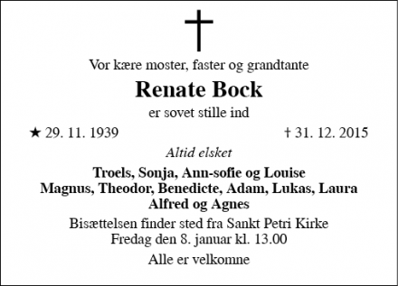 Dødsannoncen for Renate Bock - Brønshøj