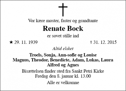 Dødsannoncen for Renate Bock  - Brønshøj