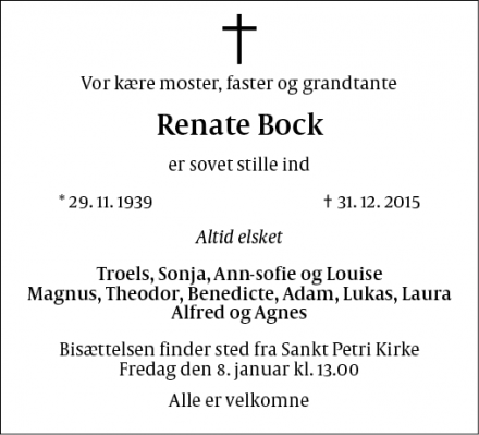 Dødsannoncen for Renate Bock  - Brønshøj