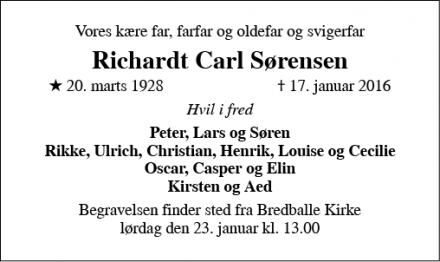 Dødsannoncen for Richardt Carl Sørensen - Vejle Øst