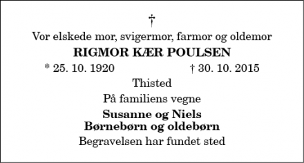 Dødsannoncen for Rigmor Kær Poulsen - Thisted