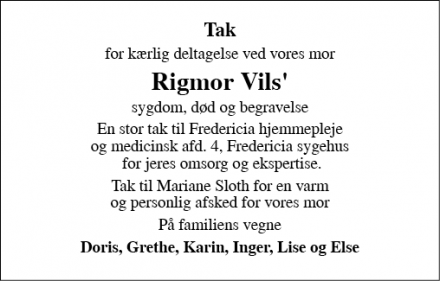 Dødsannoncen for Rigmor Vils - Fredericia