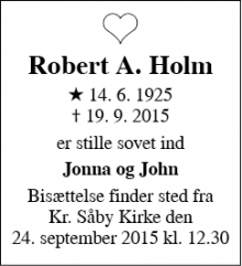 Dødsannoncen for Robert A. Holm - Hvalsø