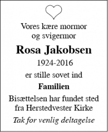 Dødsannoncen for Rosa Jakobsen - Ølstykke