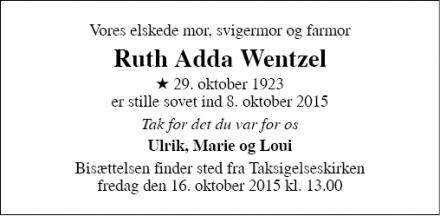 Dødsannoncen for Ruth Adda Wentzel - København Ø