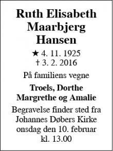 Dødsannoncen for Ruth Elisabeth Maarbjerg Hansen - København, Valby