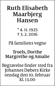 Dødsannoncen for Ruth Elisabeth Maarbjerg Hansen - København, Valby