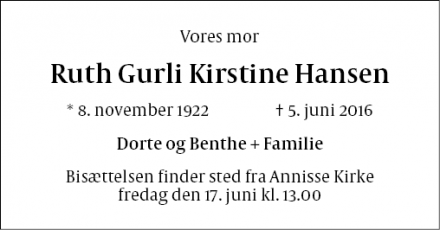 Dødsannoncen for Ruth Gurli Kirstine Hansen - Helsinge
