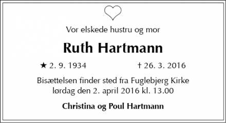 Dødsannoncen for Ruth Hartmann - Glumsø