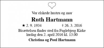 Dødsannoncen for Ruth Hartmann - Glumsø