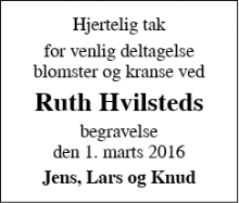 Dødsannoncen for Ruth Hvilsted - Brædstrup