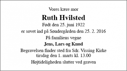 Dødsannoncen for Ruth Hvilsted - Brædstrup