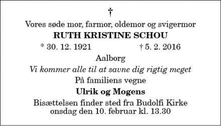 Dødsannoncen for Ruth Kristine Schou - Ålborg