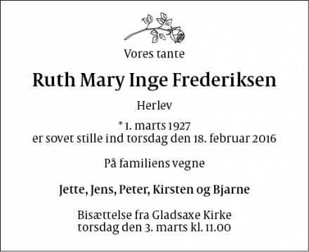 Dødsannoncen for Ruth Mary Inge Frederiksen - Herlev, 2860 Søborg