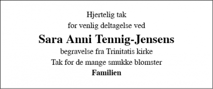 Dødsannoncen for Sara Anni Tennig-Jensen - Fredericia