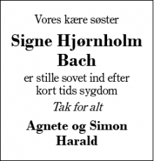 Dødsannoncen for Signe Hjørnholm Bach  - Ikast