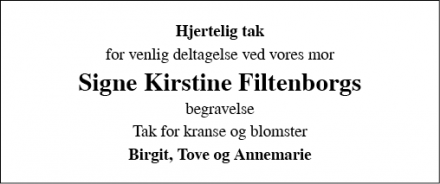 Dødsannoncen for Signe Kirstine Filtenborg - Andst, 6600 Vejen